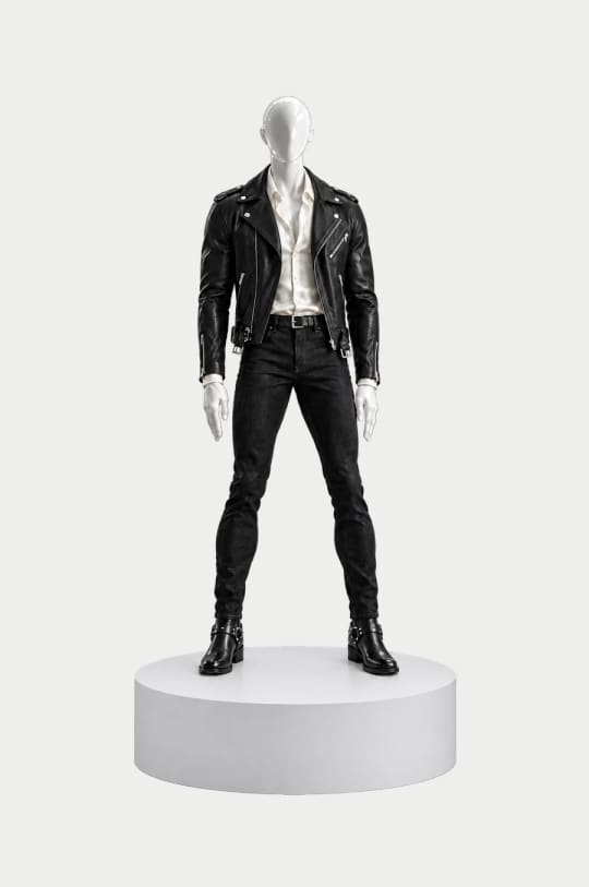Look 4, Night Rider: Black lambskin biker jacket, Ivory silk shirt, Slim black selvedge denim on a white mannequin