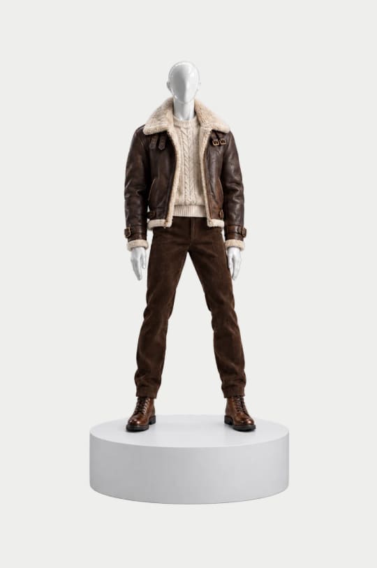 Look 7, Altitude: Shearling aviator jacket, Cream cable-knit sweater, Chocolate corduroy trousers on a white mannequin