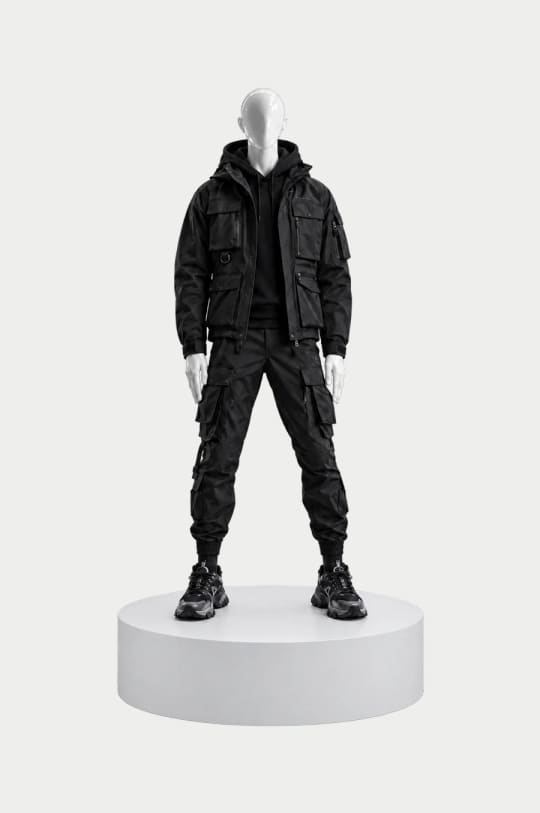 Look 9, Utility: Black technical utility jacket, Tapered black cargo trousers, Chunky designer sneakers on a white mannequin