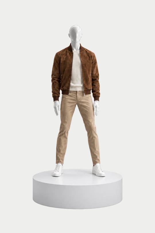 Look 10, Tobacco: Tobacco suede bomber, Cream merino crewneck, Tan cotton chinos on a white mannequin