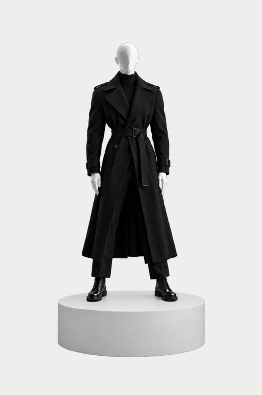 Look 13, Long Shadow: Belted black wool trench coat, Black leather combat boots on a white mannequin