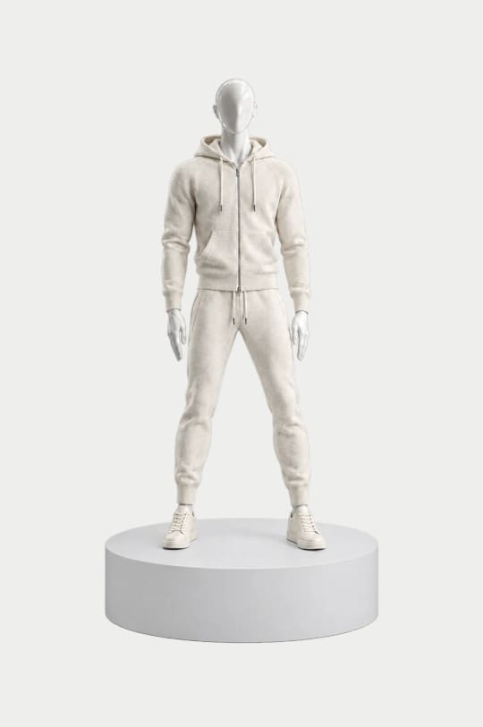 Look 14, Blanc: Ivory cashmere zip hoodie, Ivory cashmere joggers on a white mannequin